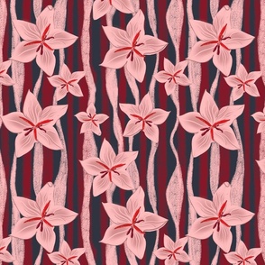 Pale pink flowers on pink vines with wine red stripes and midnight blue background large