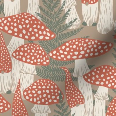 Gnomes and mushrooms - fly agaric toadstools, ferns and gnomes