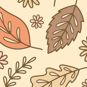 Autumn Leaves & Daisies on Beige (Large Scale)
