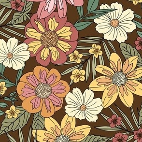 Vintage Floral Dahlias on Brown