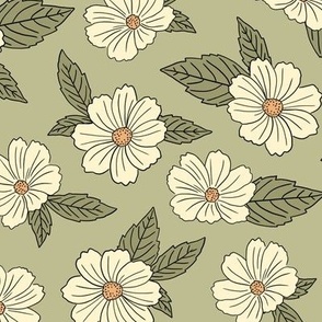 Vintage White Floral on Green (Large Scale)