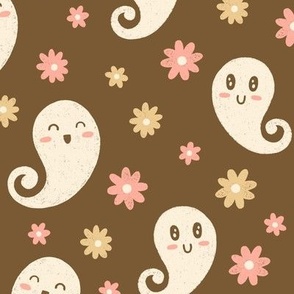 Cute Ghosts & Flowers on Brown (Large Scale)