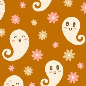 Cute Ghosts & Flowers on Orange (Large Scale)