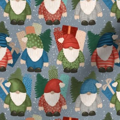 Christmas Gnomes with presents and pine tree on gray small