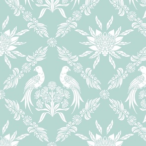Damask Australian floral Waratah and King parrot bird, elegant traditional classic Australiana in light green and white