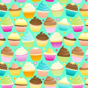 Colorful Cupcakes on Mint Green