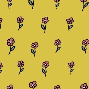 Little red garden flowers on yellow background