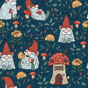 Gnomes. Blue Background