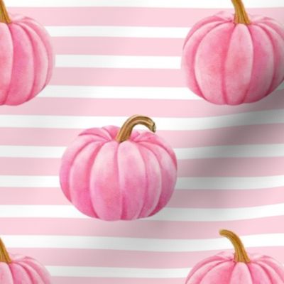 Large Scale Pink Pumpkins on Pink and White Stripes Fall Gourds Halloween
