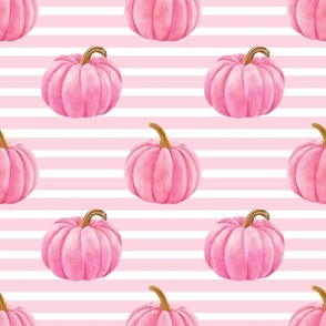Large Scale Pink Pumpkins on Pink and White Stripes Fall Gourds Halloween