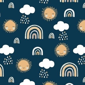 Rainbows clouds and happy sunshine faces sweet kawaii weather design yellow gray on navy blue