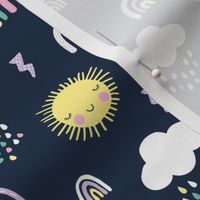 Rainbows clouds and happy sunshine faces sweet kawaii weather design retro palette lilac yellow mint on navy blue
