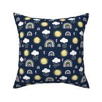 Rainbows clouds and happy sunshine faces sweet kawaii weather design retro palette lilac yellow mint on navy blue