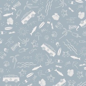 ditsy surf sea summer icons - retro surfing van - hazy blue