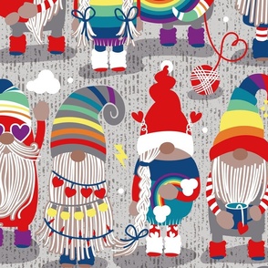 Large jumbo scale // I gnome you ♥ // grey background little happy and lovely gnomes with rainbows vivid red hearts