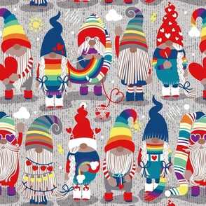 Normal scale // I gnome you ♥ // grey background little happy and lovely gnomes with rainbows vivid red hearts