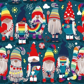 Normal scale // I gnome you ♥ // dark teal background little happy and lovely gnomes with rainbows vivid red hearts