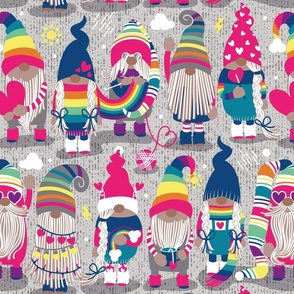 Normal scale // I gnome you ♥ // grey background little happy and lovely gnomes with rainbows fuchsia pink hearts