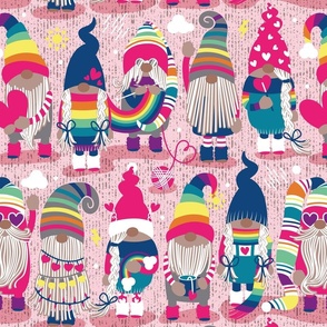 Normal scale // I gnome you ♥ // pastel pink background little happy and lovely gnomes with rainbows fuchsia pink hearts