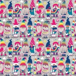 Tiny scale // I gnome you ♥ // grey background little happy and lovely gnomes with rainbows fuchsia pink hearts