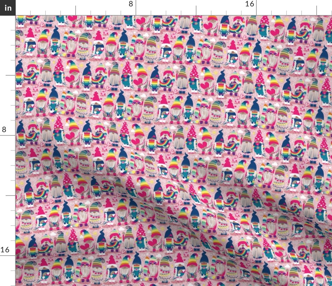 Tiny scale // I gnome you ♥ // pastel pink background little happy and lovely gnomes with rainbows fuchsia pink hearts