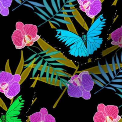 Tropical Butterflies & Orchids #1 - black, medium to large 