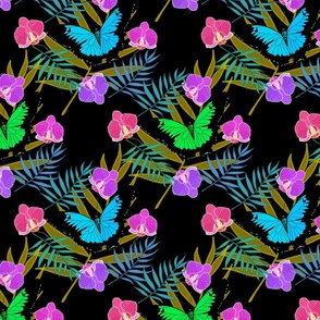 Tropical Butterflies & Orchids #1 - black, medium to large 