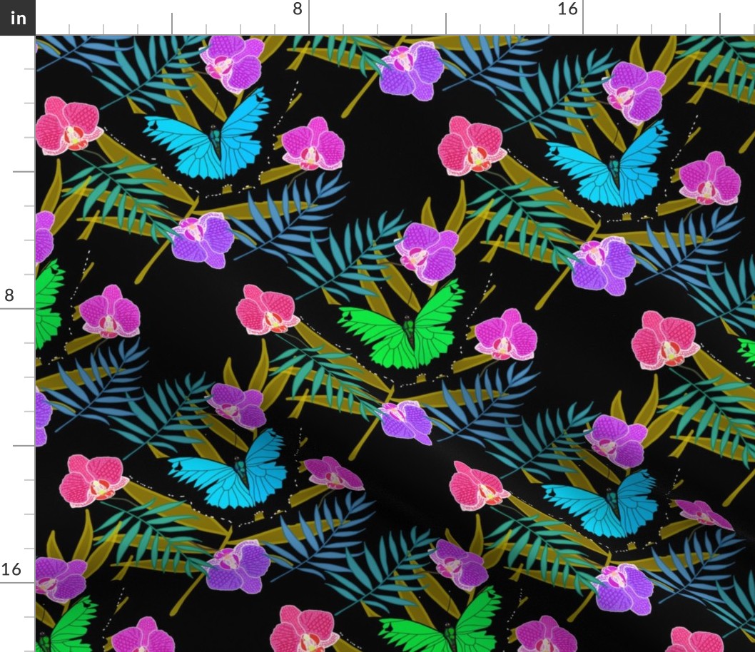Tropical Butterflies & Orchids #1 - black, medium to large 