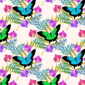 Tropical Butterflies & Orchids #1 - cream, medium to large 