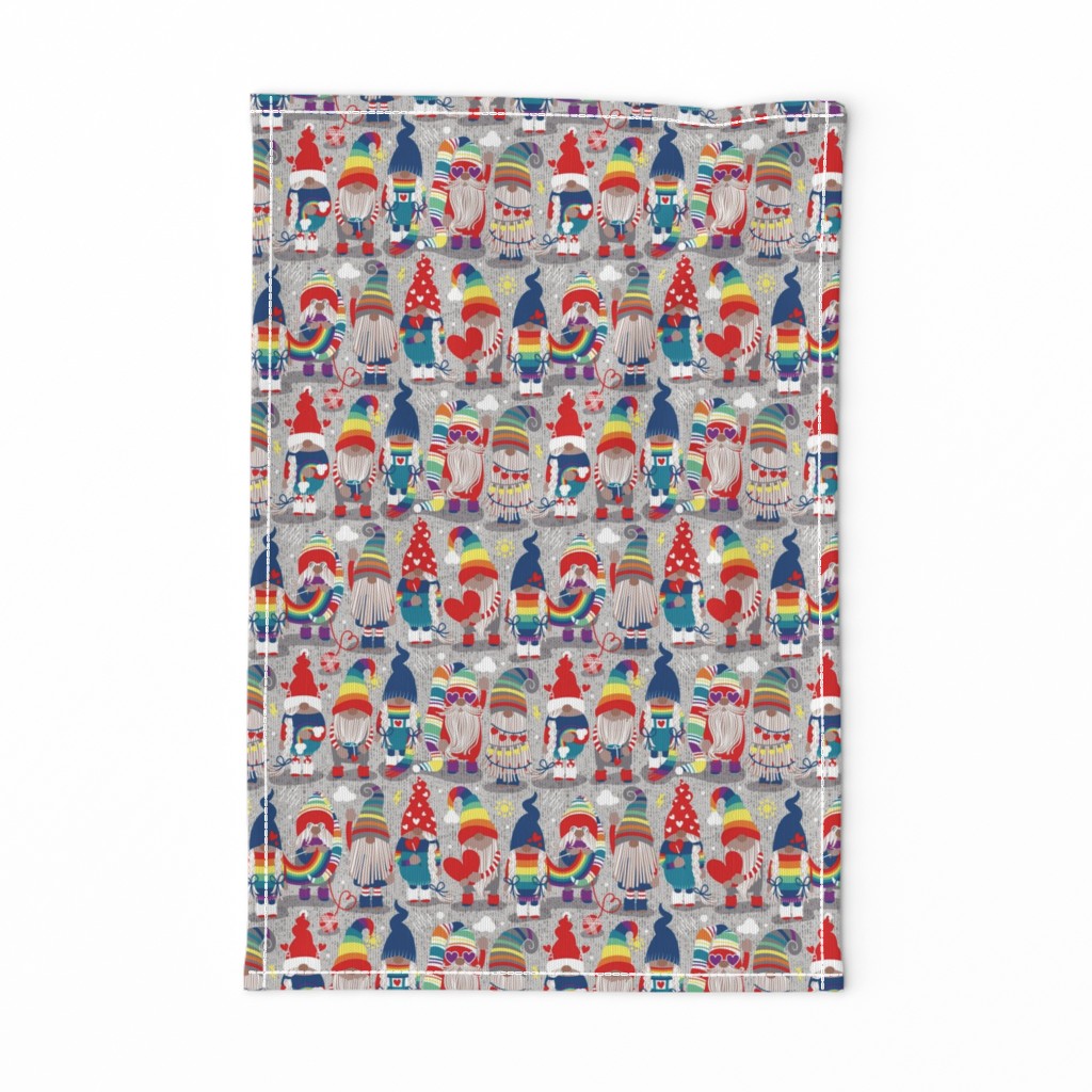 Small scale // I gnome you ♥ // grey background little happy and lovely gnomes with rainbows vivid red hearts