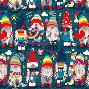 Small scale // I gnome you ♥ // dark teal background little happy and lovely gnomes with rainbows vivid red hearts