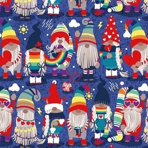Small scale // I gnome you ♥ // electric blue background little happy and lovely gnomes with rainbows vivid red hearts