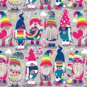 Small scale // I gnome you ♥ // grey background little happy and lovely gnomes with rainbows fuchsia pink hearts