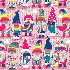 Small scale // I gnome you ♥ // pastel pink background little happy and lovely gnomes with rainbows fuchsia pink hearts