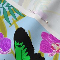 Tropical Butterflies & Orchids #1 - sky blue, medium to large 