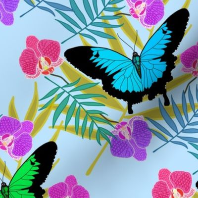 Tropical Butterflies & Orchids #1 - sky blue, medium to large 