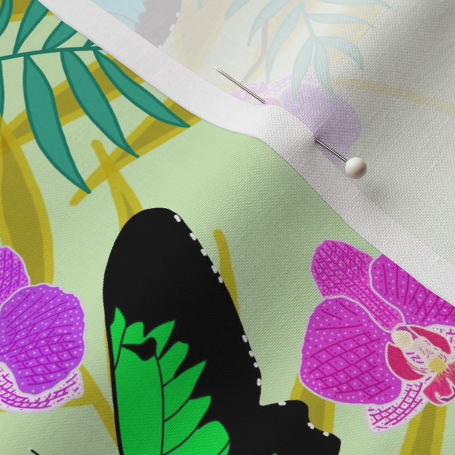 Tropical Butterflies & Orchids #1 - mint green, medium to large 