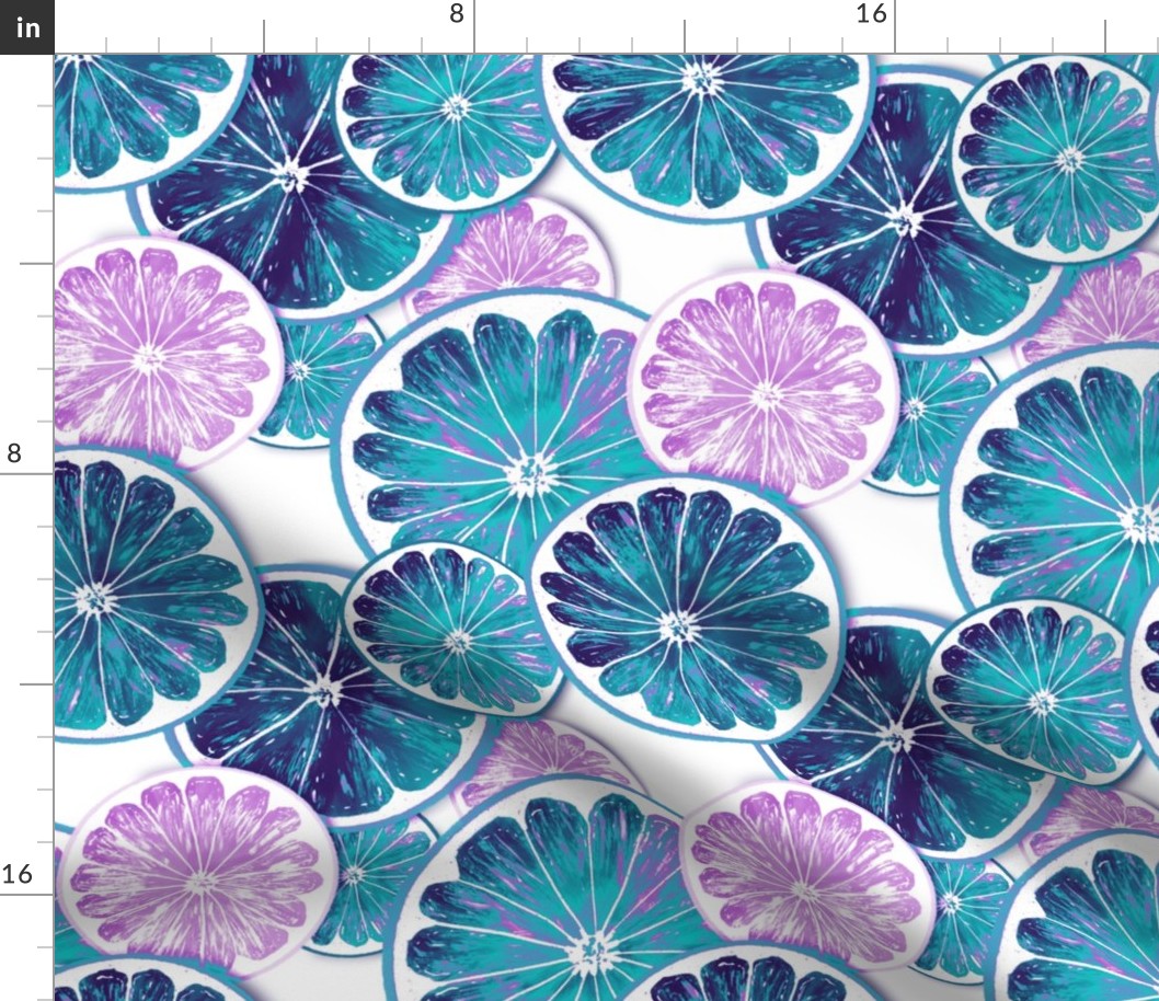 Pop art citrus slices amethyst colors on white background