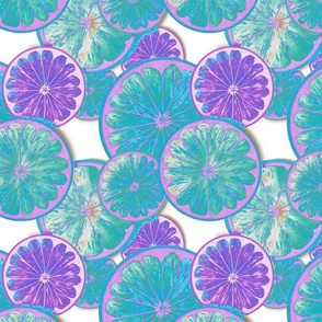 Pop art citrus slices in teal and lilac  on white background