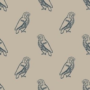 Handmade carved owl block print seamless pattern.