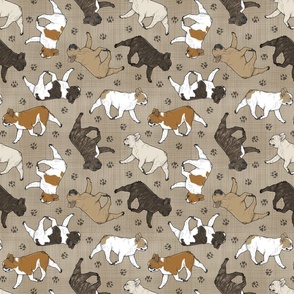 Trotting French Bulldogs and paw prints - faux linen