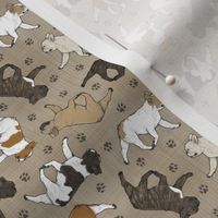 Tiny Trotting French Bulldogs and paw prints - faux linen