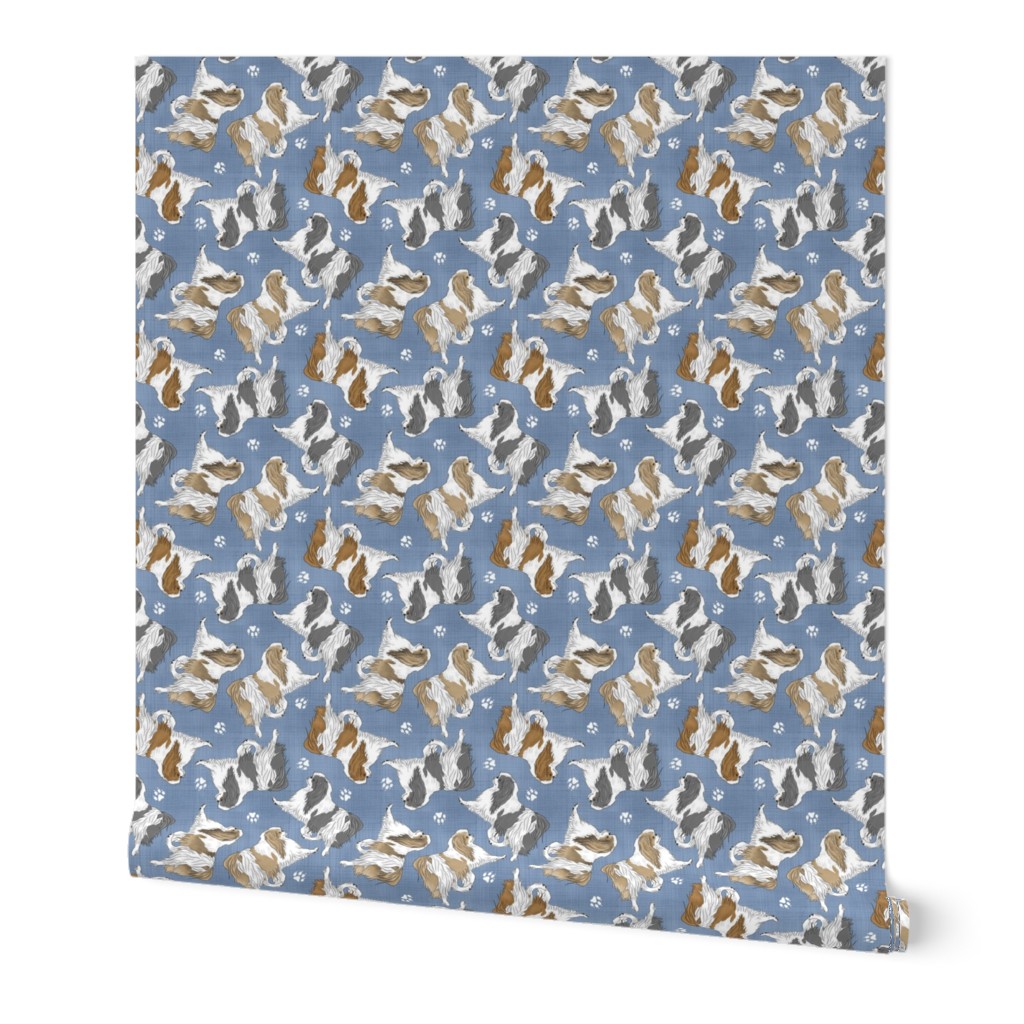 Trotting Japanese Chin and paw prints - faux denim