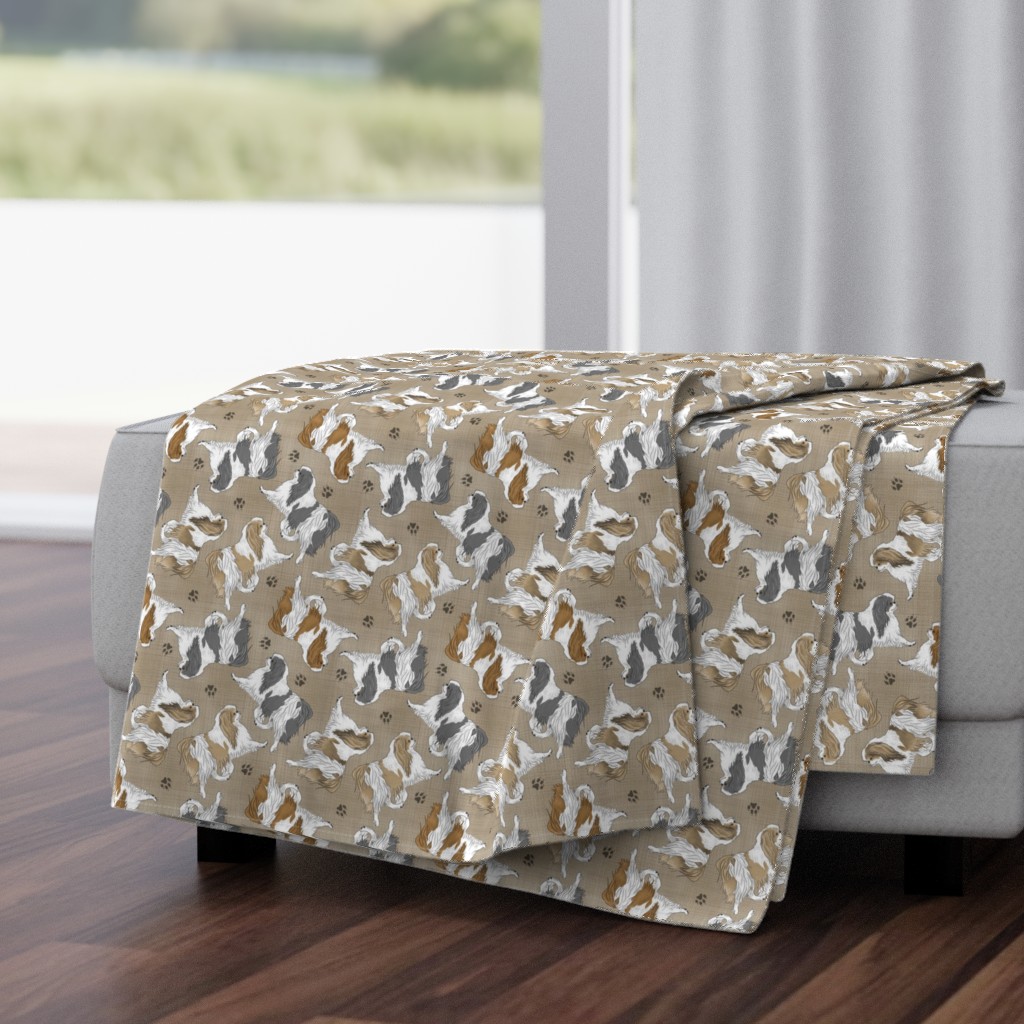 Trotting Japanese Chin and paw prints - faux linen