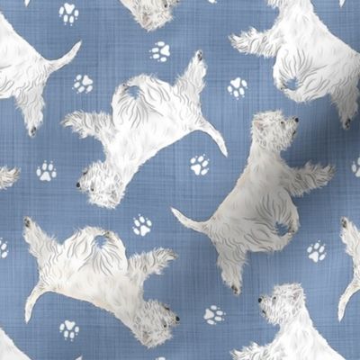 Trotting West Highland White Terriers and paw prints - faux denim