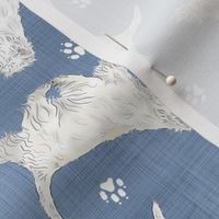 Trotting West Highland White Terriers and paw prints - faux denim