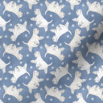 Tiny Trotting West Highland White Terriers and paw prints - faux denim