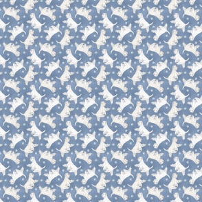 Tiny Trotting West Highland White Terriers and paw prints - faux denim