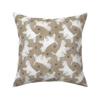 Trotting West Highland White Terriers and paw prints - faux linen