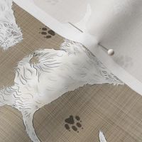 Trotting West Highland White Terriers and paw prints - faux linen